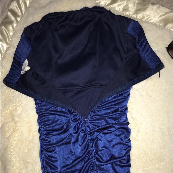 Blue shirred stretchy bodycon strapless dress SM - Picture 4 of 12